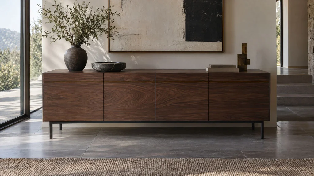 A walnut cabinet with an inlaid brass line and blackened steel legs
