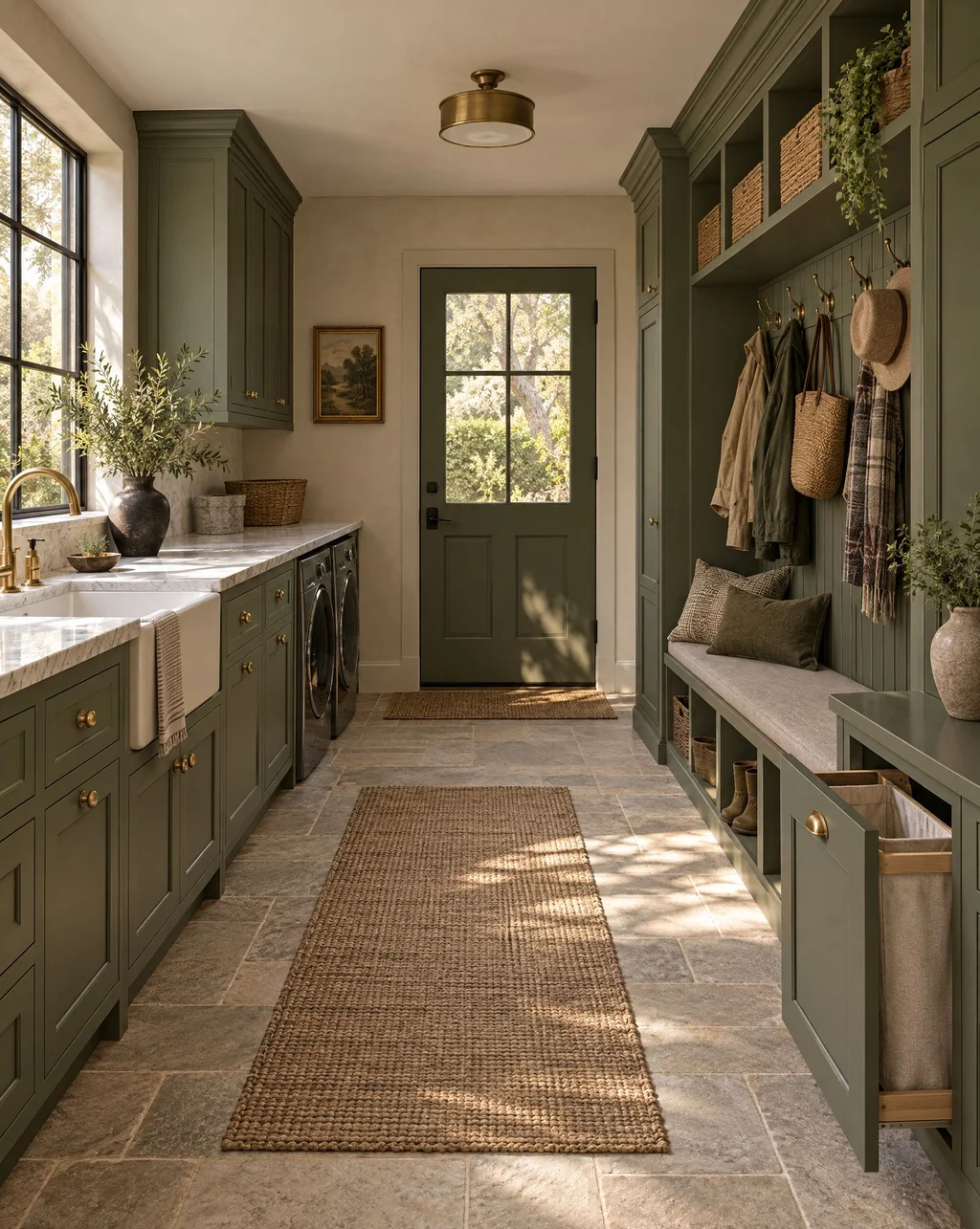 Painted mudroom built-in with a bench, cubbies and coat hooks beside a laundry counter