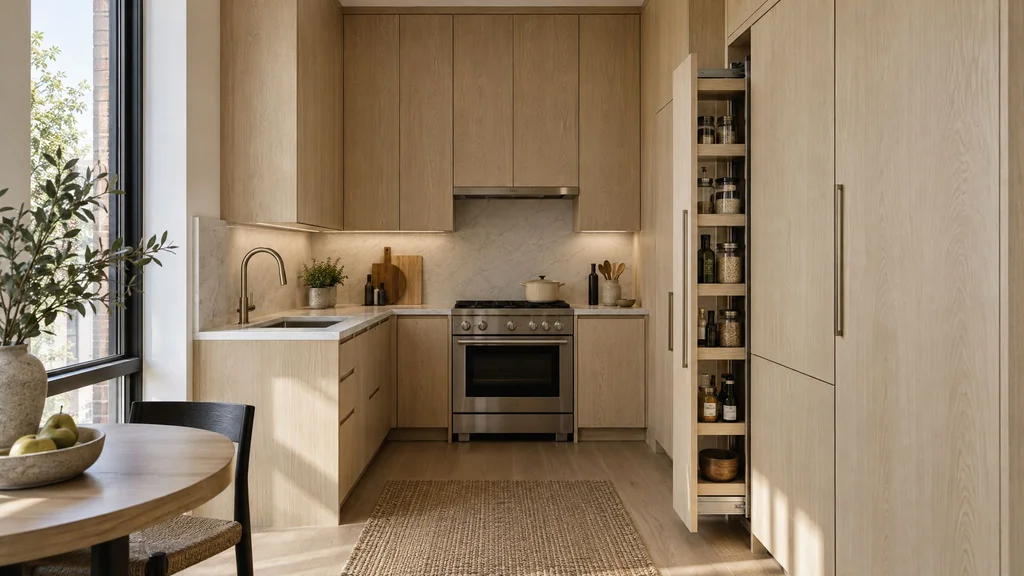 A small apartment kitchen with ceiling-height pale oak cabinets, a slim pull-out pantry and a compact range