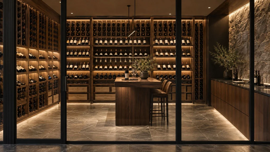 Custom wine room behind glass with walnut racks, bottles displayed label-forward, warm LED lighting, and a tasting counter