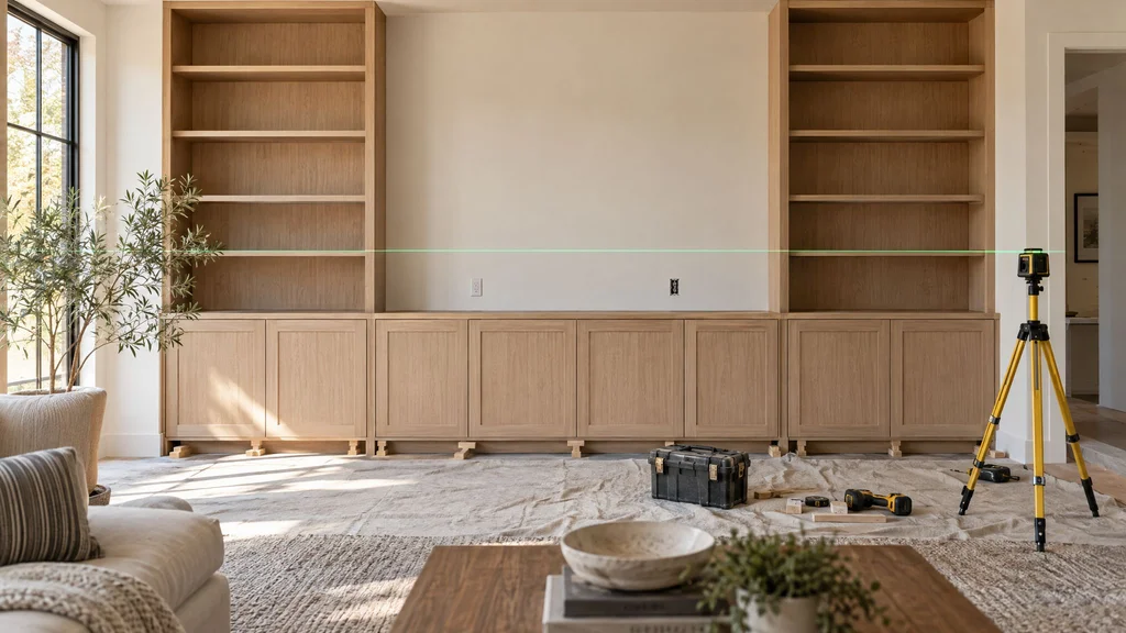 White oak built-in cabinetry being installed in a bright living room with a laser level line and tools on a drop cloth