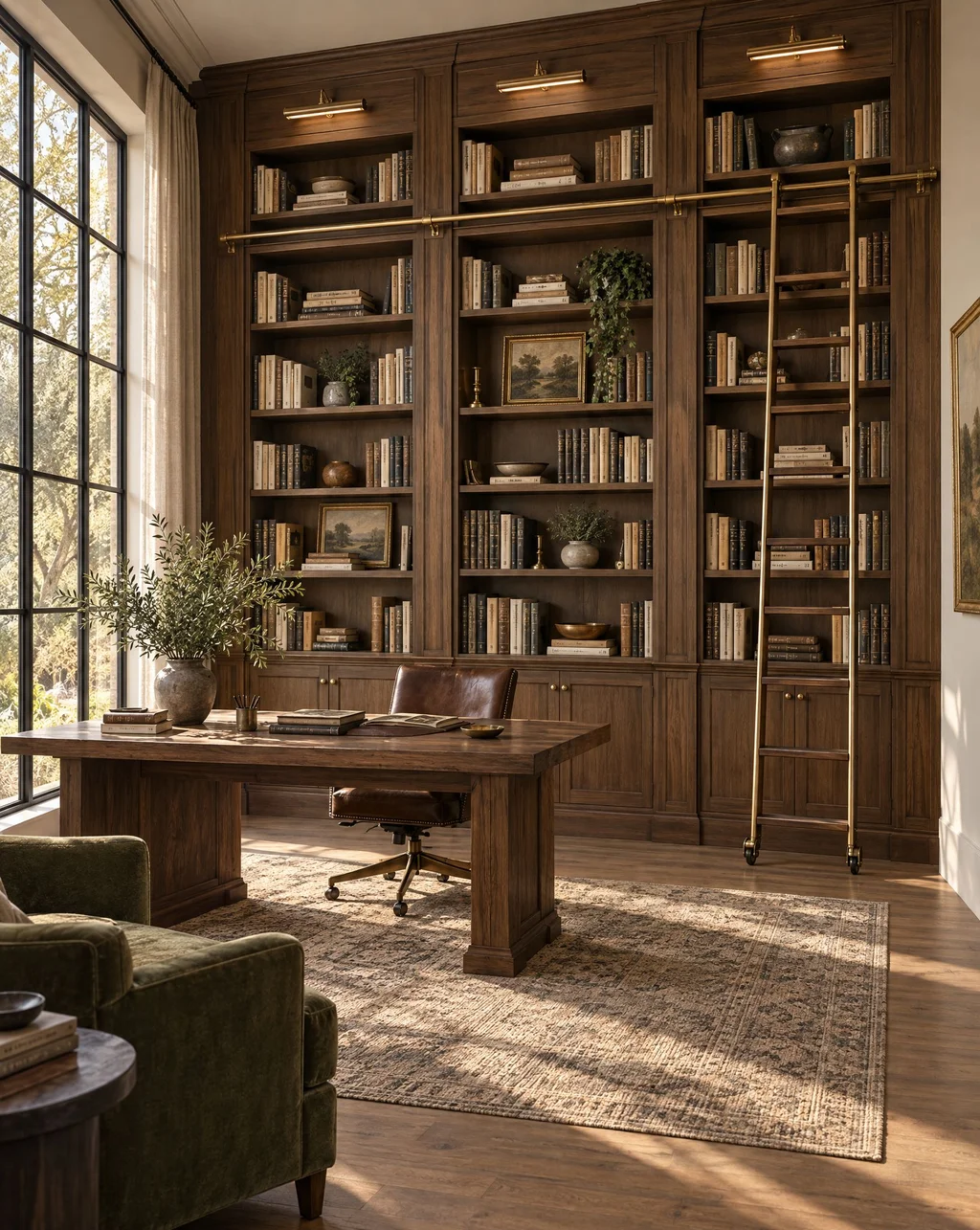 Floor-to-ceiling walnut library shelves with a rolling ladder
