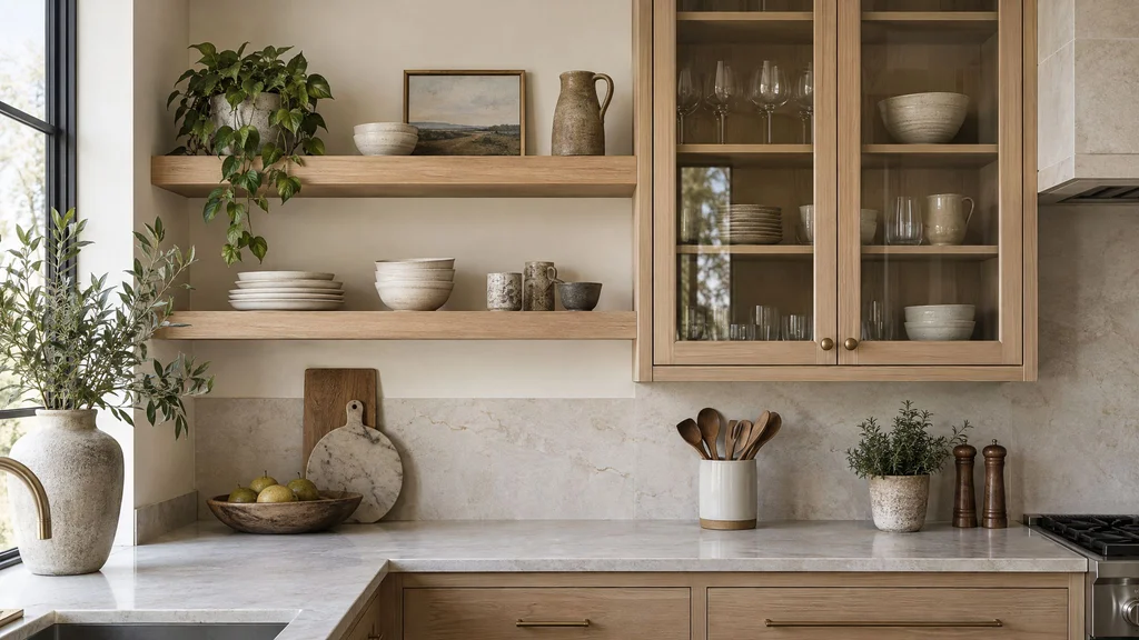 A kitchen wall with floating white oak open shelves holding ceramics beside closed glass-front upper cabinets