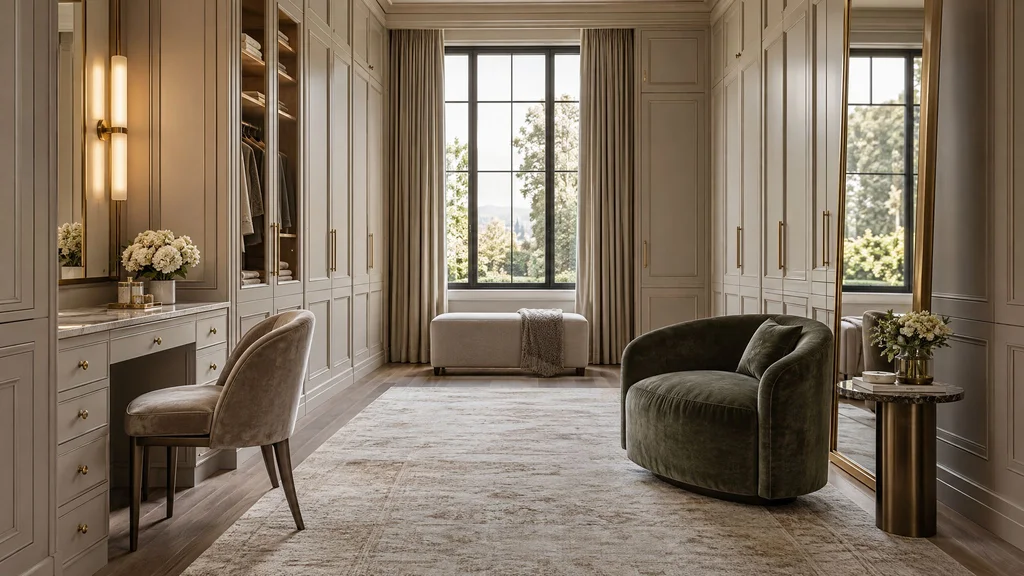 A luxurious dressing room with paneled wardrobes, a vanity table, a full-length mirror and a velvet armchair