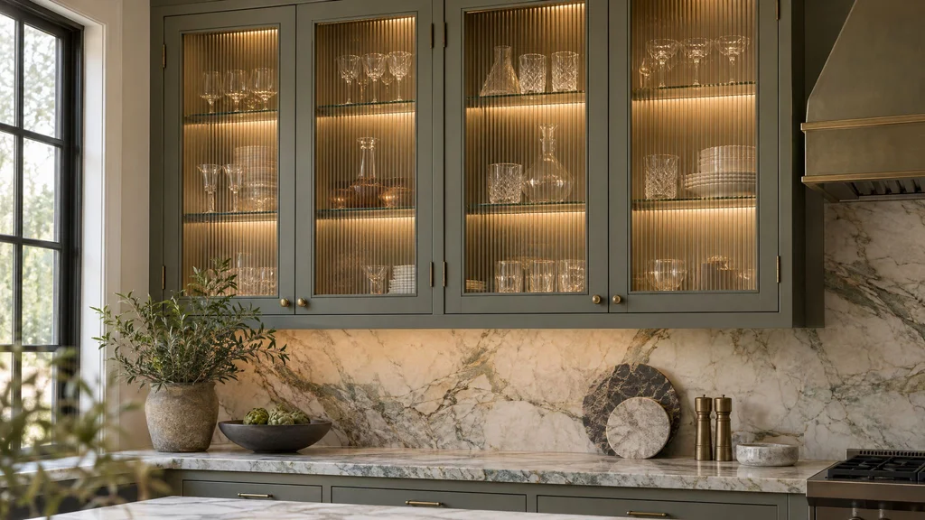 Upper kitchen cabinets with reeded glass doors and interior lighting showing glassware inside