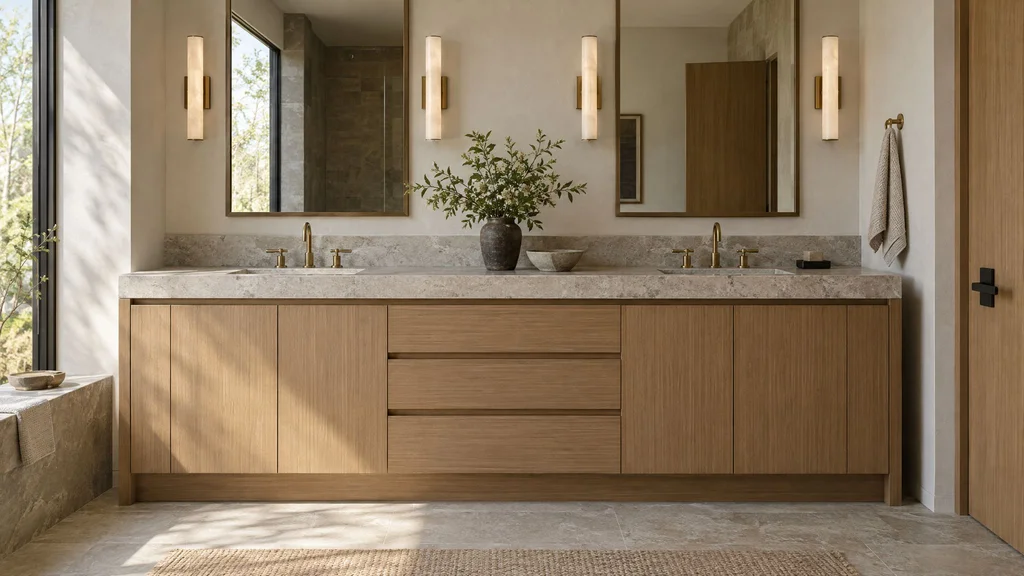 A custom rift oak bathroom vanity with a stone top and brass faucets