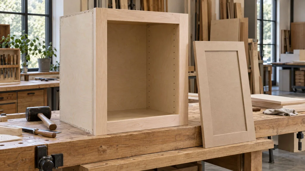 A custom cabinet box being assembled on a woodshop workbench: Baltic birch plywood sides, a solid maple face frame and an MDF door panel beside it