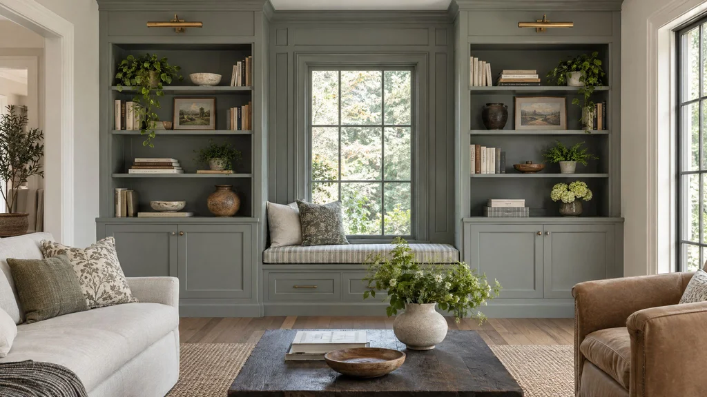 Painted built-in bookcases with lower cabinets flanking a window in a family room