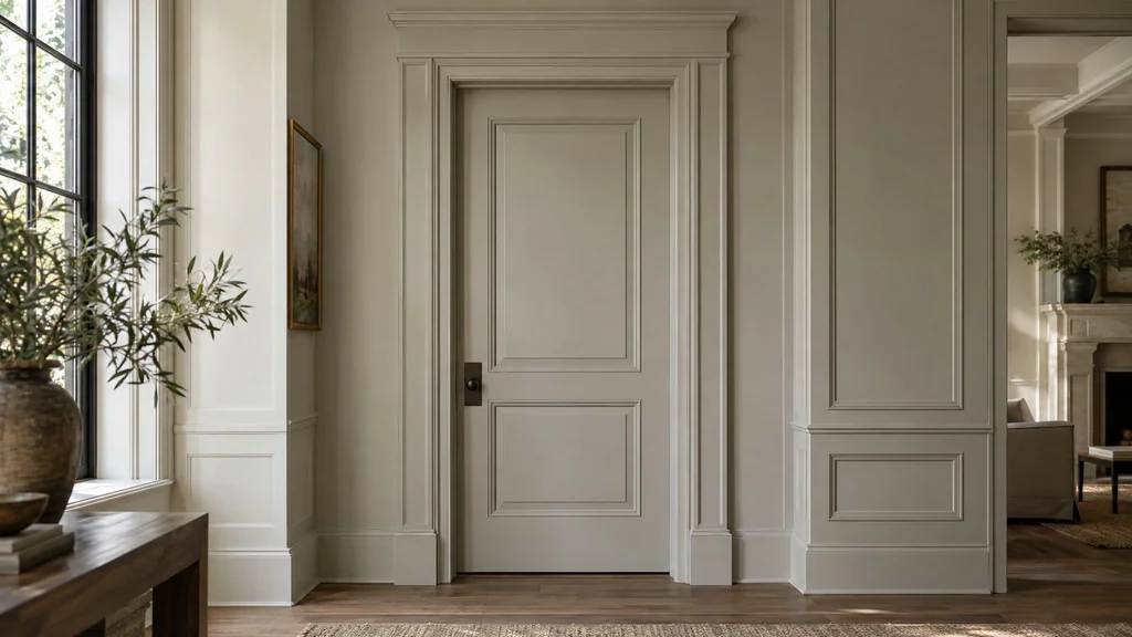 Close-up of a tall paneled interior door with a substantial custom casing and plinth block