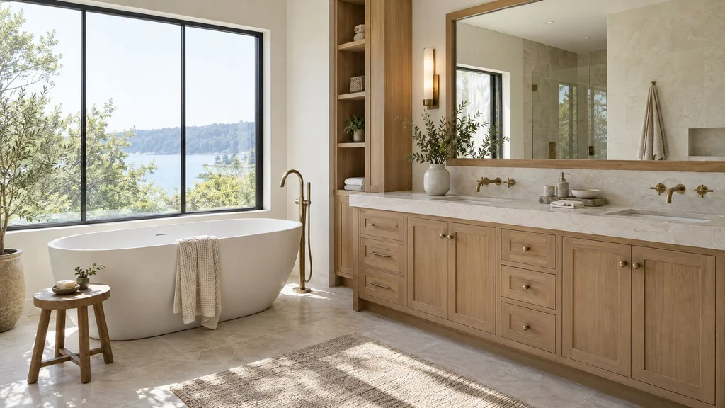 A bright bathroom with a freestanding tub beside a matching wood vanity