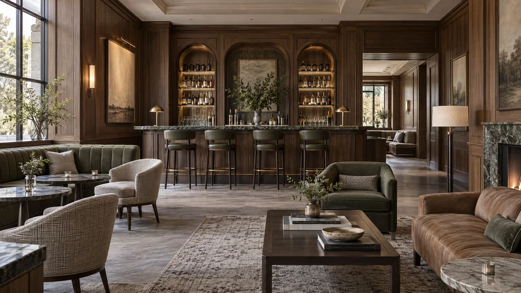 A hotel lounge with paneled walls, a walnut bar and built-in banquettes