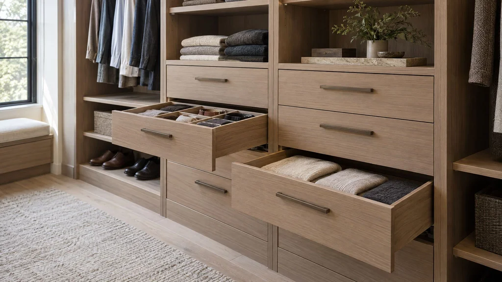 A bank of custom closet drawers, some open, showing folded sweaters and divided inserts