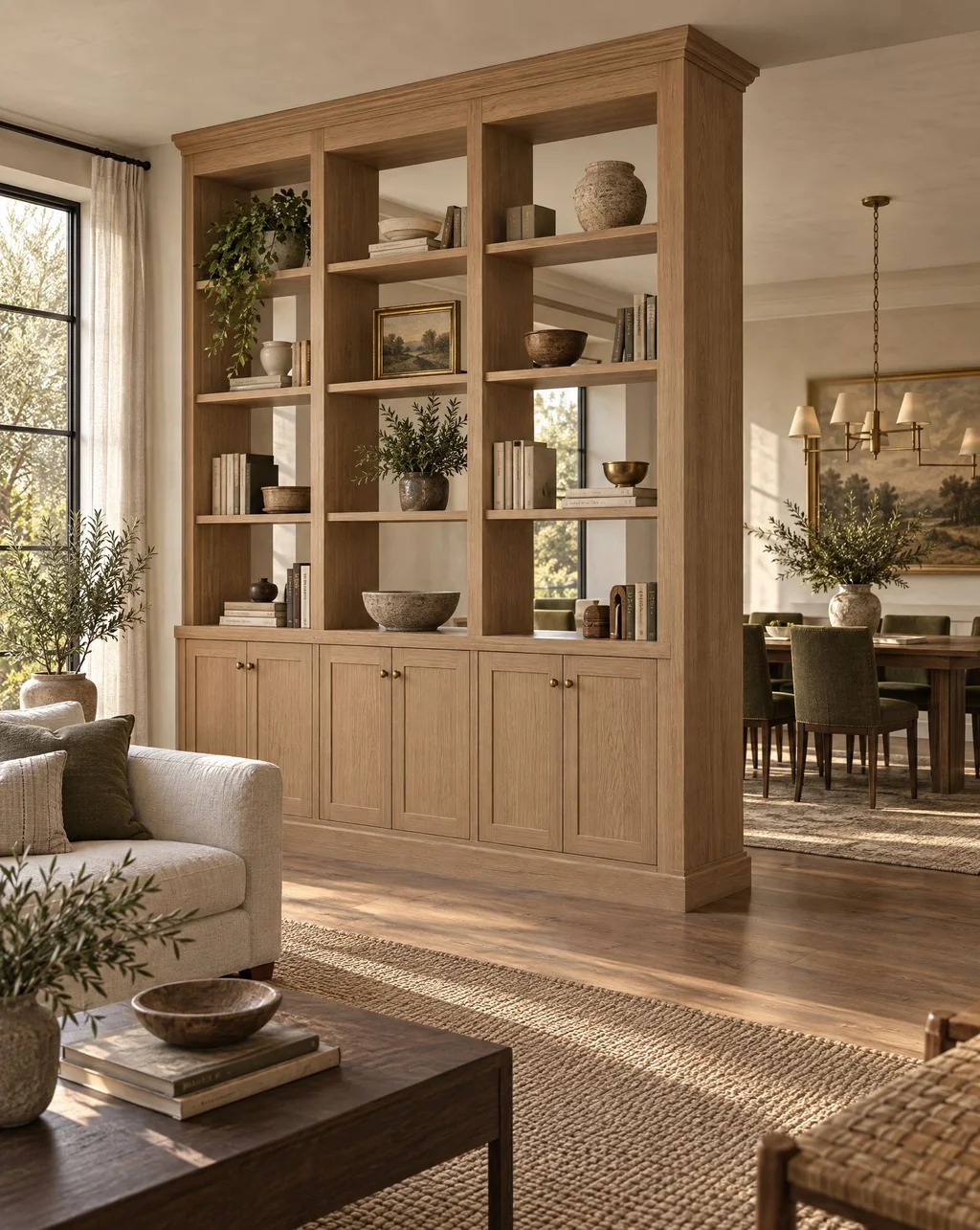 White oak room divider with open shelves above and cabinets below