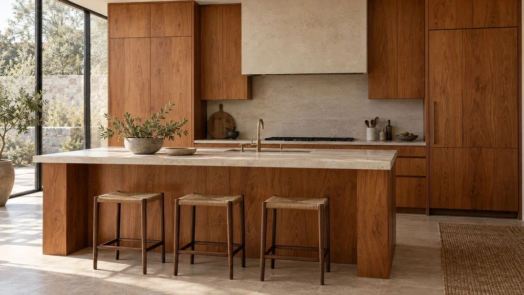 A natural cherry wood kitchen with warm amber grain, slab doors and a honed limestone counter