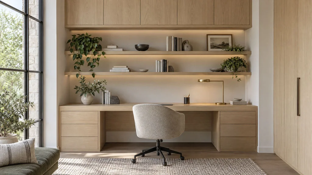 A home office with a built-in light oak desk under floating shelves and upper cabinets