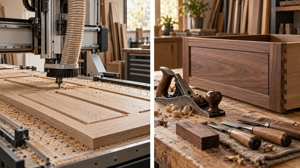 CNC router cutting a white oak panel beside hand planes and chisels next to a fitted walnut drawer front