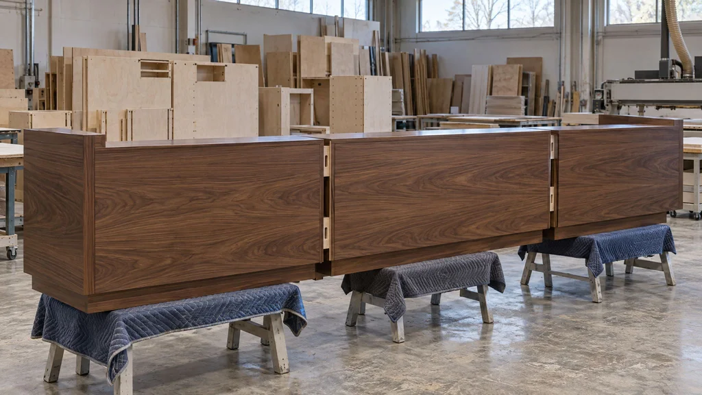 Walnut veneer reception desk dry-fitted in three sections on sawhorses in a millwork shop, CNC parts stacked behind