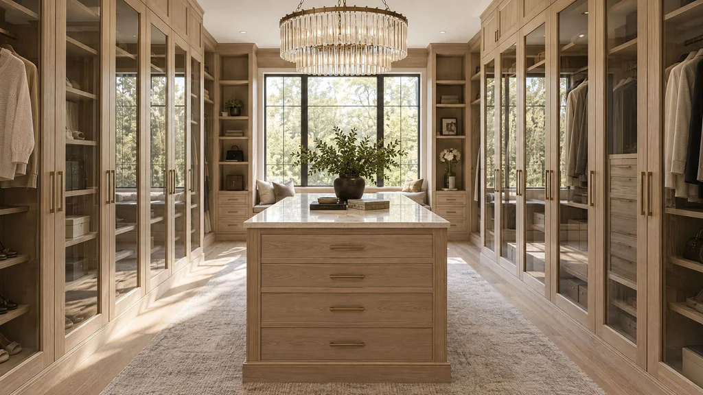 A walk-in closet in white oak with glass-front wardrobe doors, a center island with drawers and a chandelier
