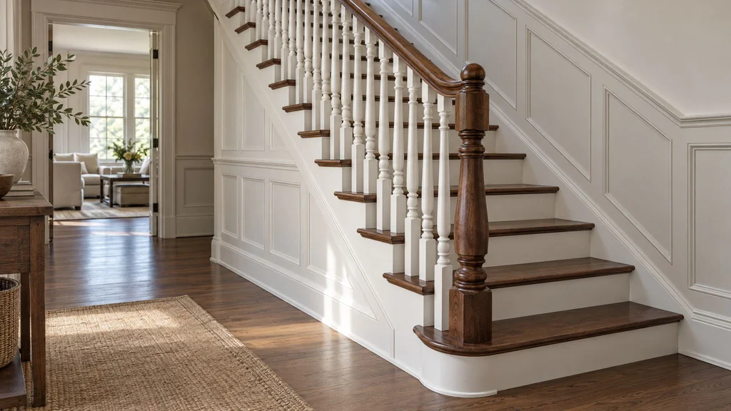 A staircase with a turned newel post, painted balusters, a walnut handrail and wainscoting