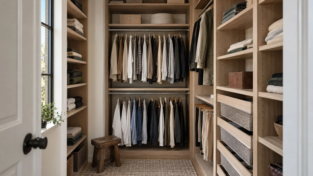 A small closet fitted with custom built-ins: high shelves, double hanging and pull-out baskets