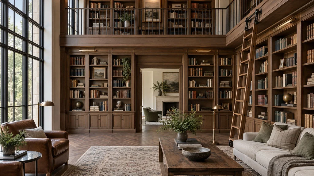 A double-height home library with a balcony walkway and a rolling ladder