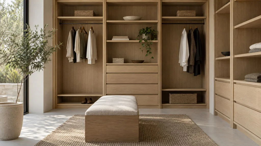 A calm minimalist closet with few clothes, natural oak shelves, soft daylight and a plant