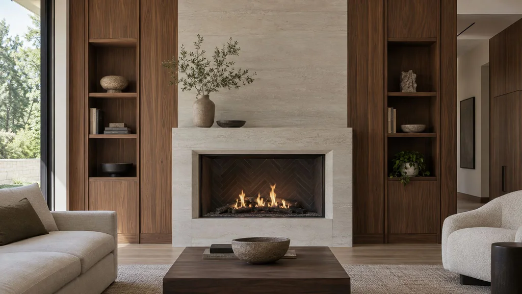 A modern fireplace with a minimal honed stone surround framed by walnut millwork panels