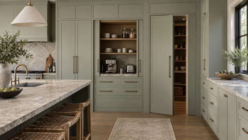 Custom kitchen with pocket-door appliance garage revealing coffee machine, and a concealed pantry door disguised as cabinetry