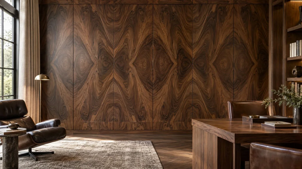 Wall of book-matched figured walnut veneer panels with mirrored grain patterns in a paneled study