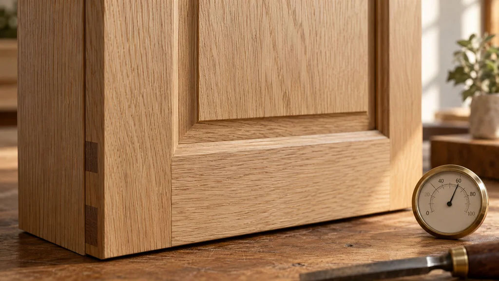 Solid white oak frame-and-panel cabinet door showing a floating center panel beside a small hygrometer