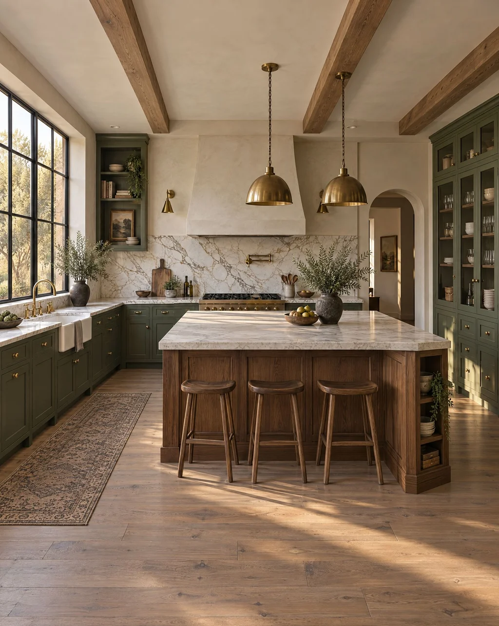 Walnut kitchen island with a marble top and counter stools