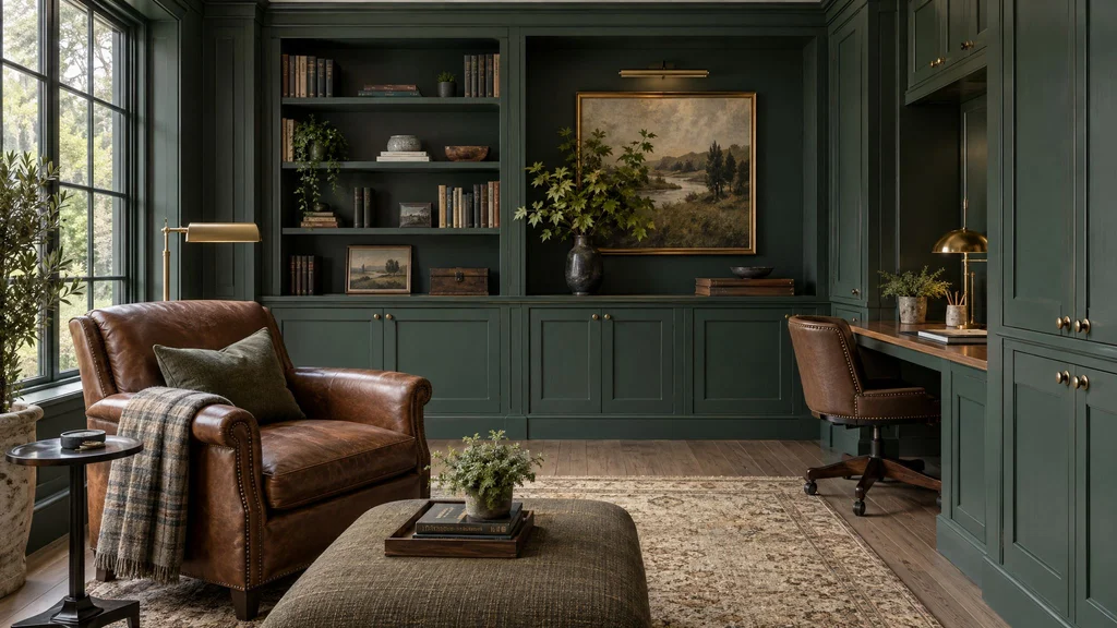 A den with dark green painted built-ins, a desk nook and a leather armchair