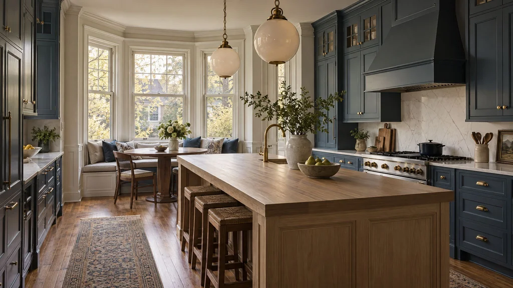 Renovated Montclair Victorian kitchen with deep blue painted inset cabinetry, white oak island and bay window banquette