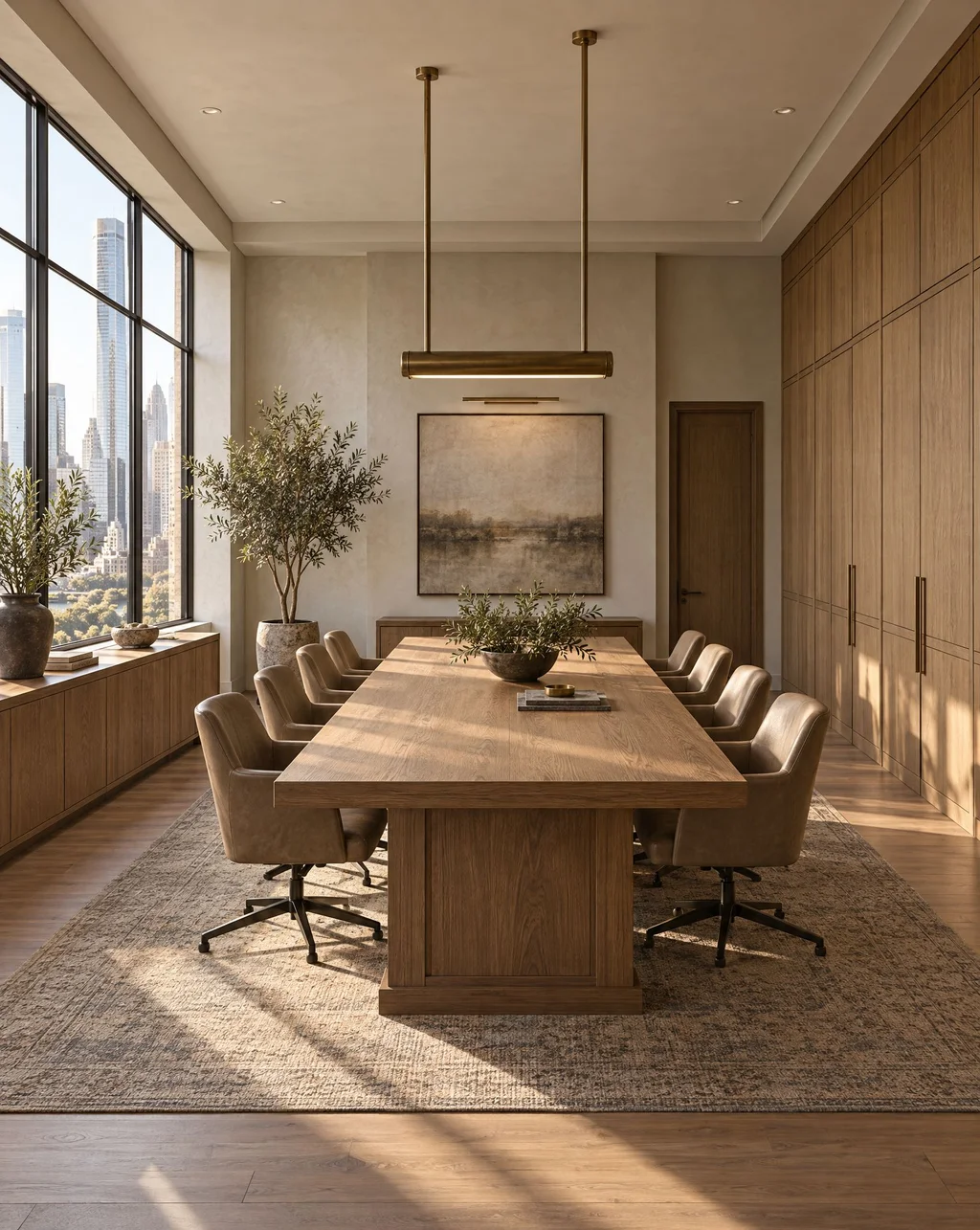 Conference room with a long oak table and a full-height paneled storage wall