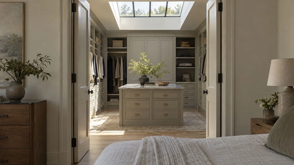 A new walk-in closet seen through an open doorway from a bedroom, painted cabinetry under a skylight