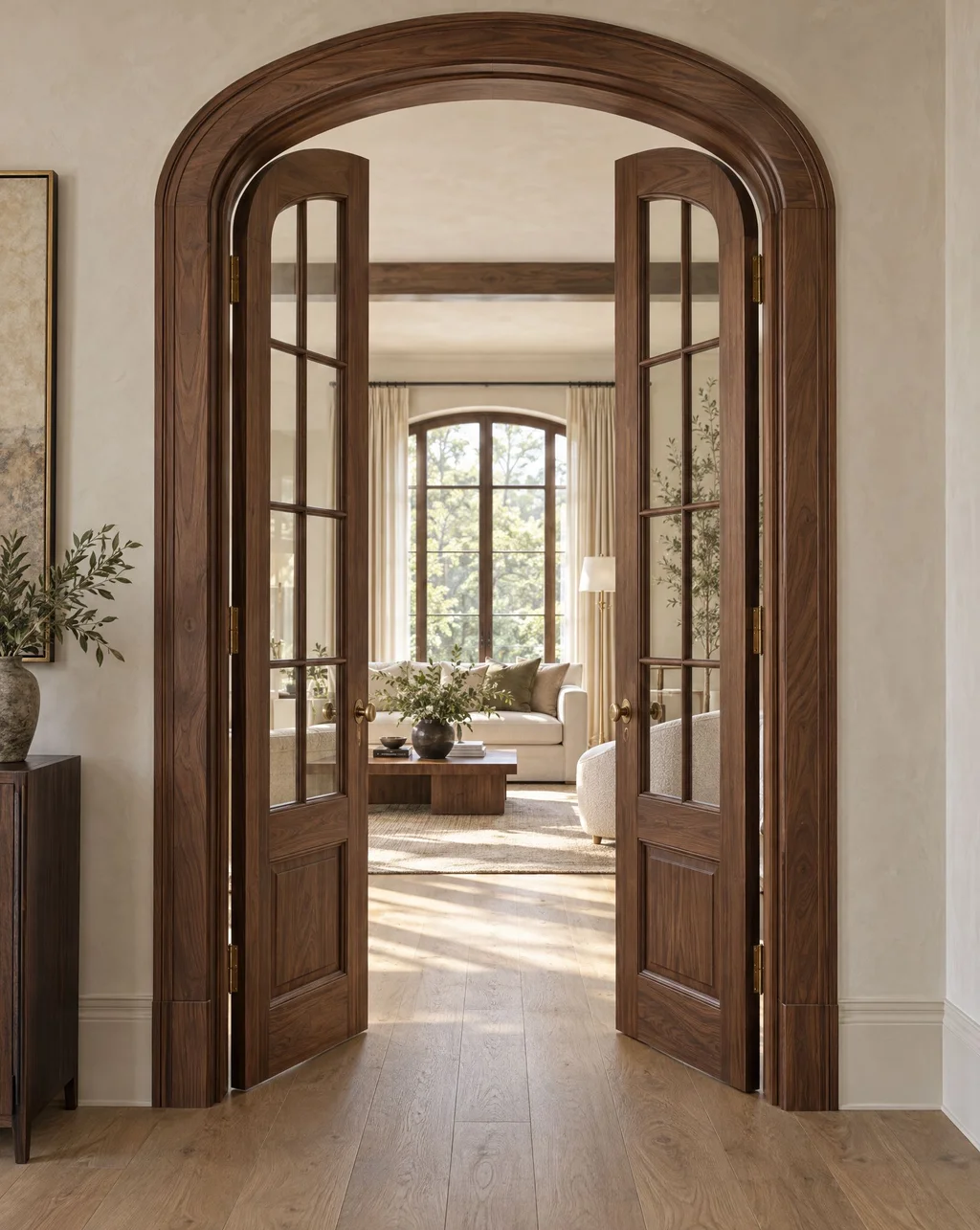 Arched walnut doorway with a pair of glazed paneled doors open to a sunlit living room