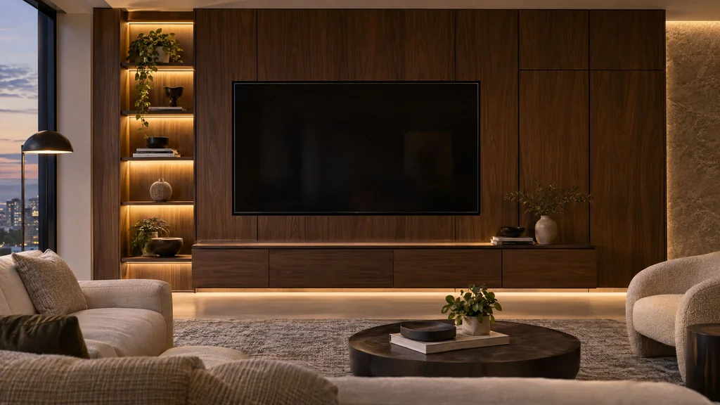 Custom media wall with a large TV set into walnut paneling, a floating low credenza, and backlit open shelves