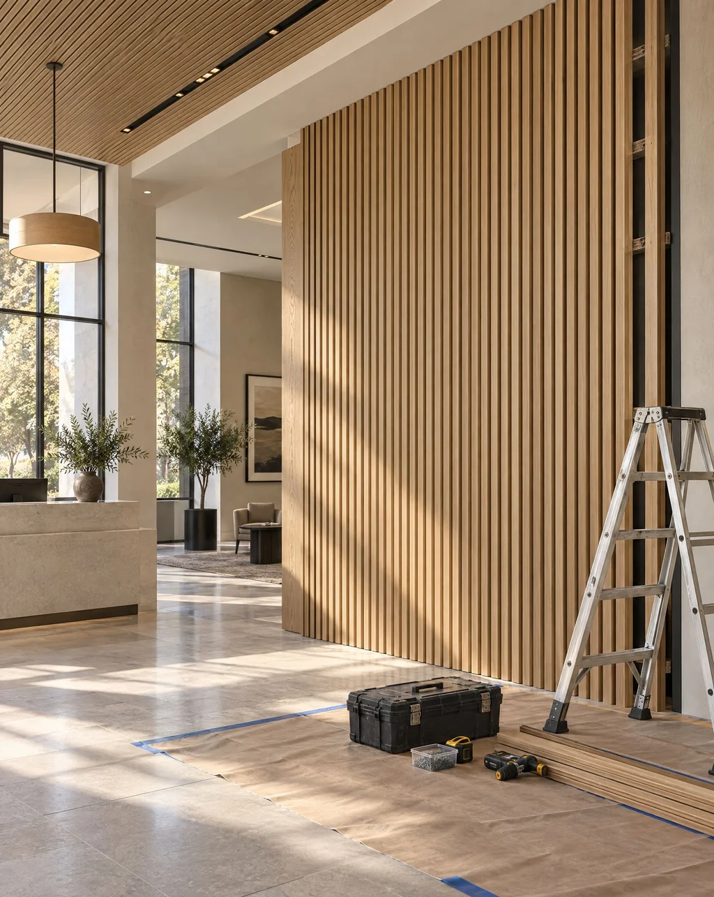 White oak slat wall being installed in an office lobby