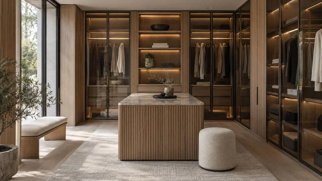A modern walk-in closet with fluted oak panels, smoked glass doors and warm hidden lighting