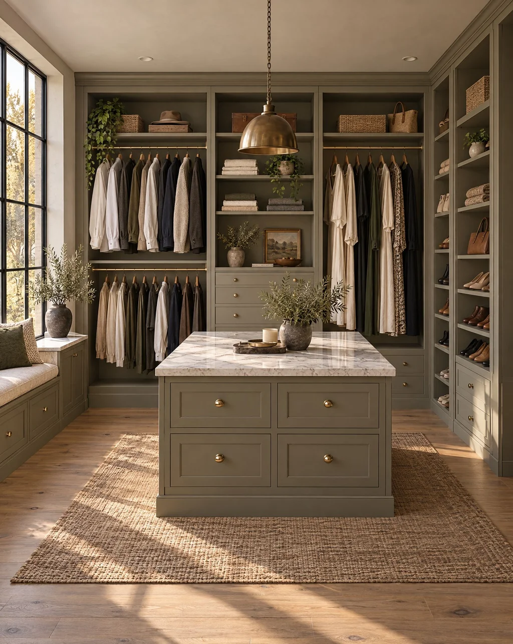 Built-in wardrobe with double-hang sections and shelving around a sage-green island