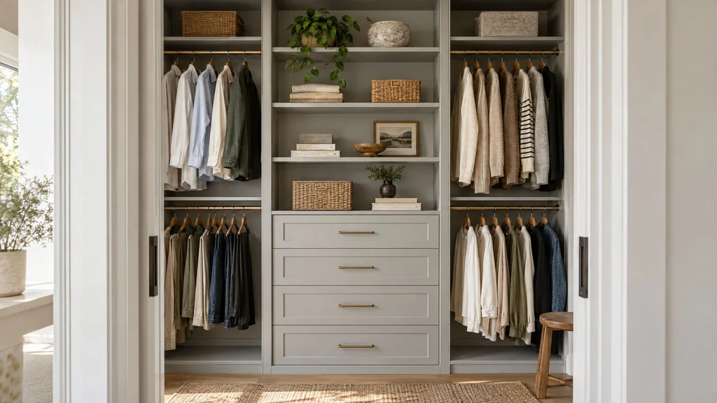 A reach-in closet transformed with custom painted drawers, shelves and double hanging