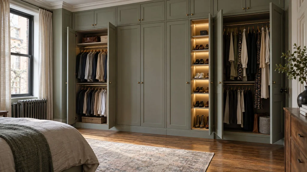 Floor-to-ceiling painted wardrobe wall with hinged doors open in a pre-war New York apartment bedroom