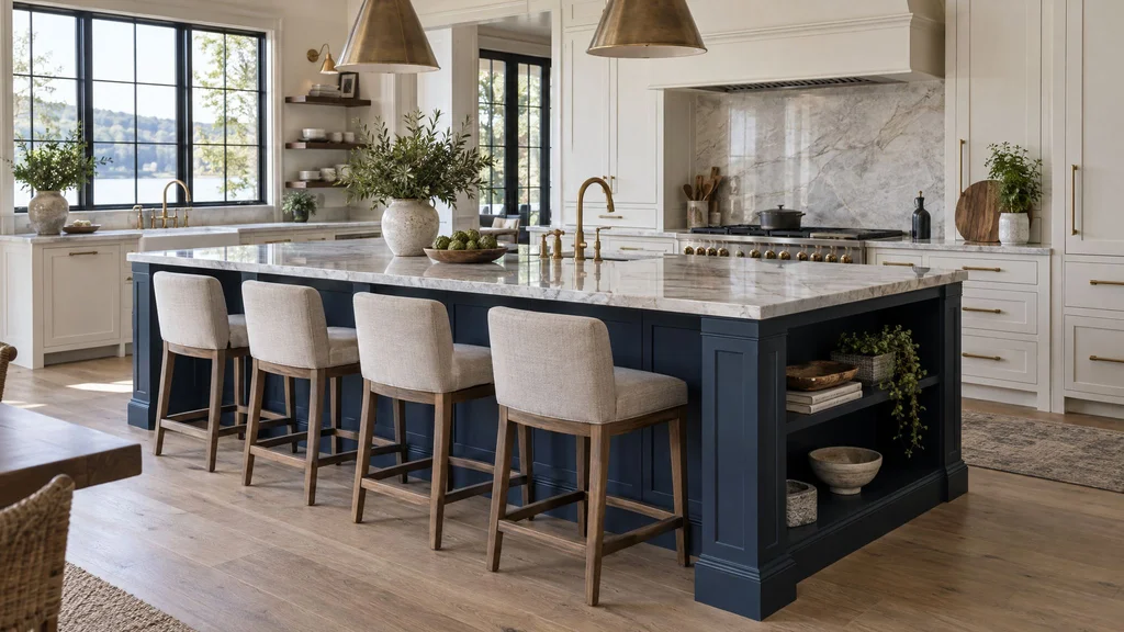 A large navy blue painted kitchen island with a thick quartzite top, four counter stools and open end shelving