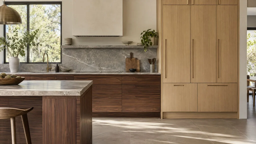 A kitchen pairing walnut lower cabinets with rift-sawn white oak tall cabinets, side by side so both woods read clearly