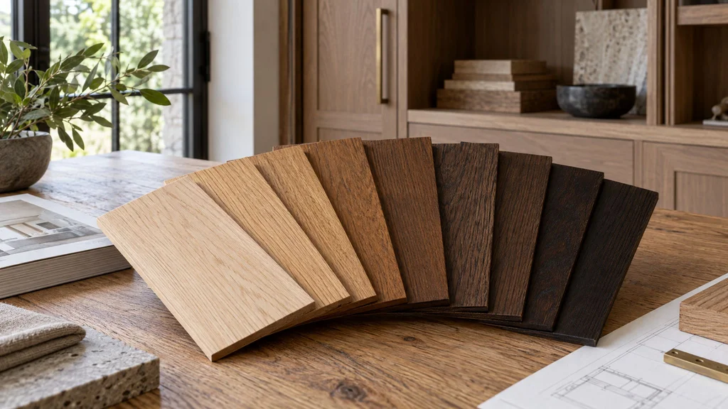 A fan of stained oak samples graded from light to dark on a table