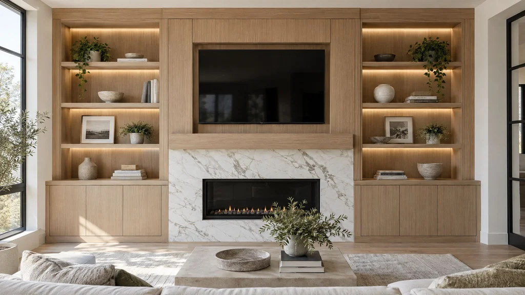 Rift white oak media wall built-in with recessed TV bay, honed marble fireplace surround and lit open shelving in a New Jersey living room