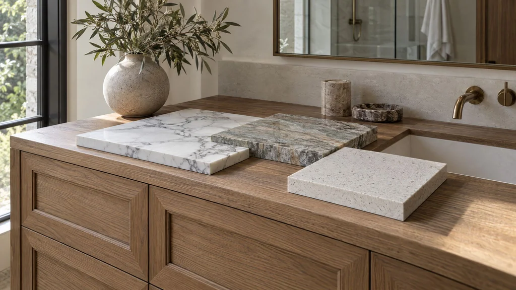 Marble, quartzite and quartz vanity top samples laid on a wood vanity