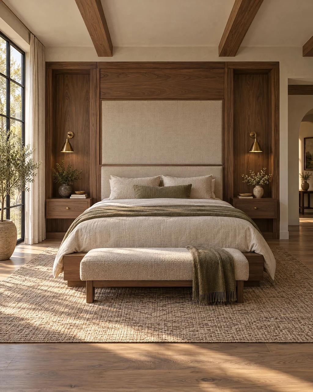 Platform bed set into a walnut millwork wall with built-in nightstands
