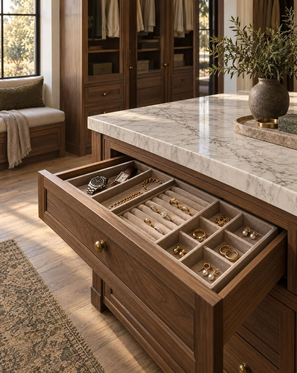 Open walnut drawer with velvet-lined compartments for jewelry and watches