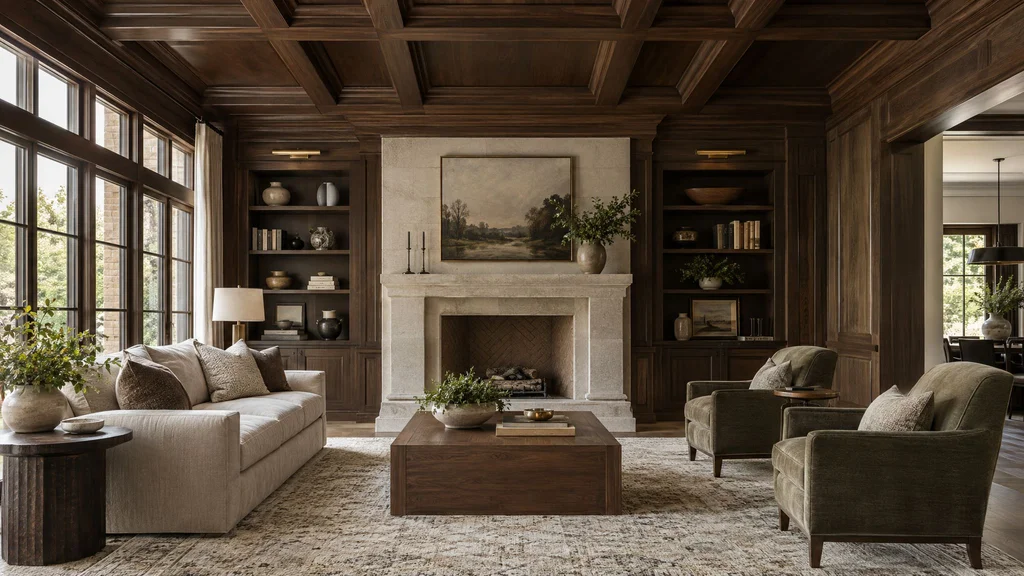 A living room under a deep stained walnut coffered ceiling